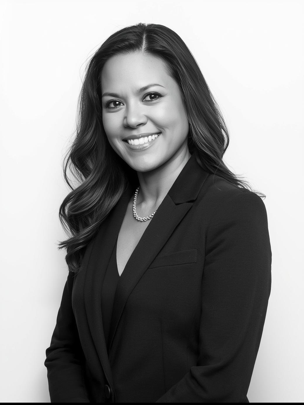 Portrait eine etwa 35 jährigen Frau, freundlich, businessmäßig. Freigestellt vor weißem Hintergrund. Schwarzweiß (2)