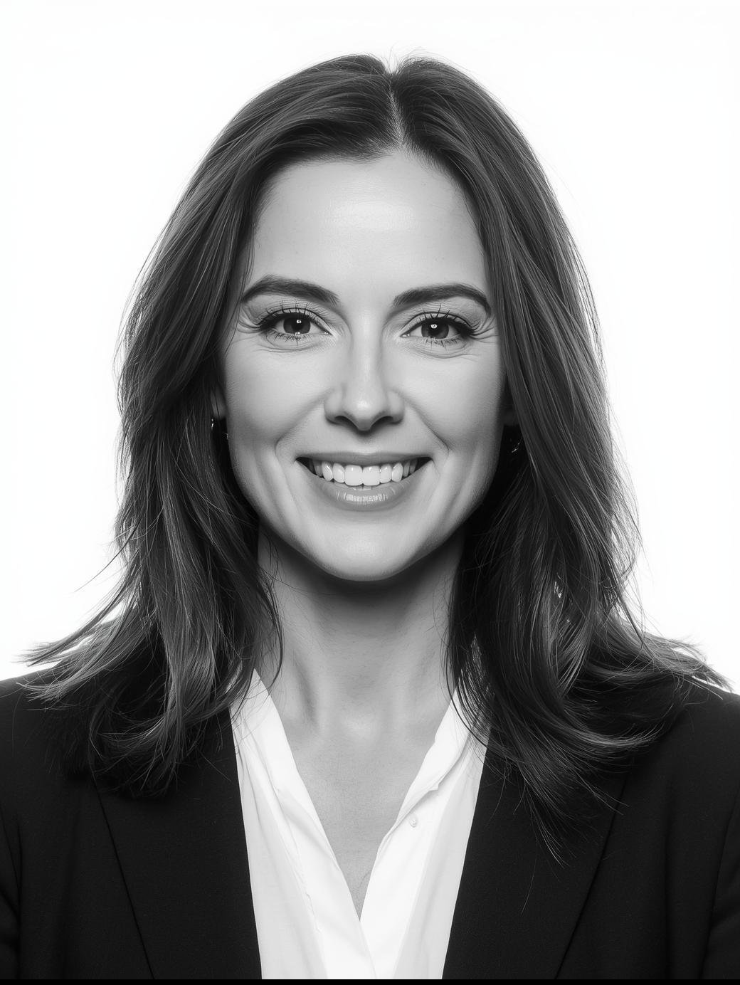 Portrait eine etwa 35 jährigen Frau, freundlich, businessmäßig. Freigestellt vor weißem Hintergrund. Schwarzweiß